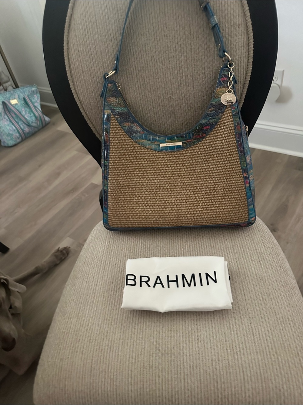 Brahmin Tabitha Blue-Trim Straw Shoulder Bag
